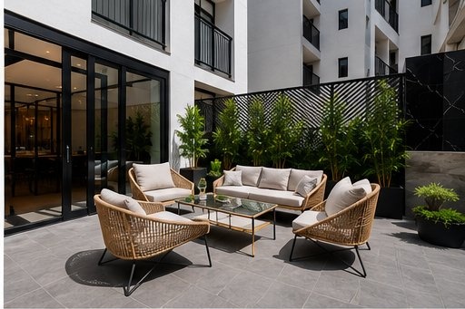 Terraza social con sillones de exterior